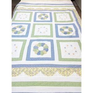 Handmade Full Size Blue Yellow Green Floral Quilt Scallop Doily Reversible